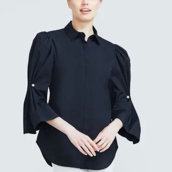 Lela Rose Button-Down Poplin Blouse Top with Pearl Brooch On Puff Sleeve Size 4 - Picture 14 of 16